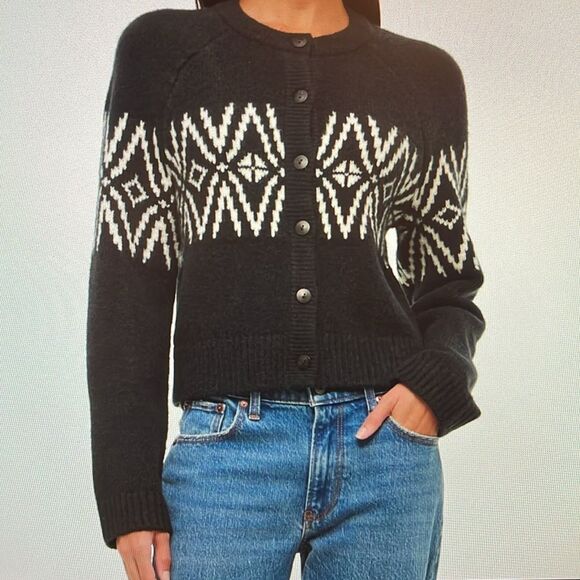 New! Abercrombie & Fitch A&F Fairisle Crew Cardigan Black White Size Large NWT - Picture 3 of 9